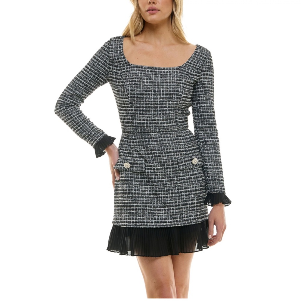 Taylor Lightweight Black & White Tweed Pleated-Hem Dress – Size 10 NWT